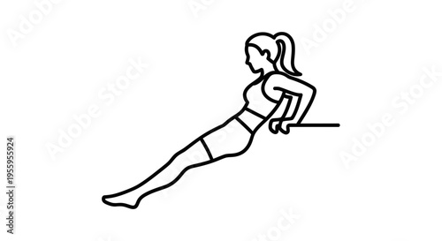 Woman doing triceps dips exercise on bench, fitness workout, line art icon