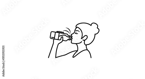 Woman drinking water from bottle, healthy lifestyle, hydration, fitness, simple line art icon