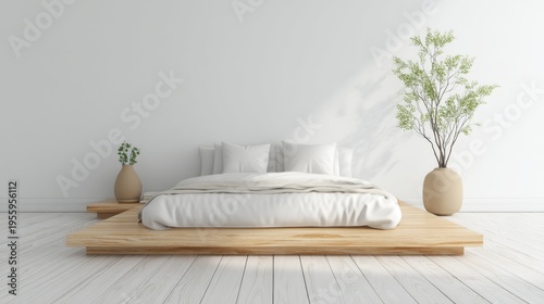 Modern minimalist bedroom design featuring wooden platform bed with white bedding and decorative plants in ceramic vases against a bright wall