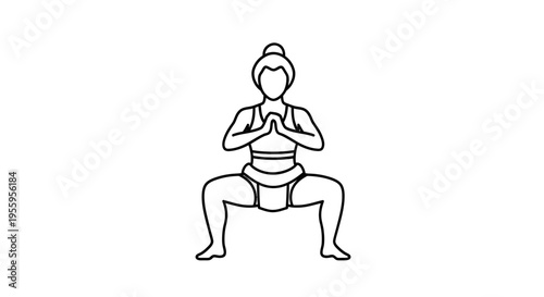 Sumo wrestler in a low squat pose with hands clasped, line art illustration