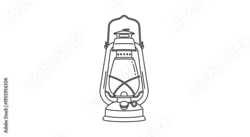 Vintage kerosene lantern, antique oil lamp, retro hurricane lamp, isolated on white background, line art.