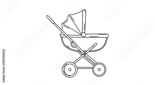Vintage Baby Stroller, Classic Pram Outline, Retro Carriage Icon, Newborn Transport Line Art