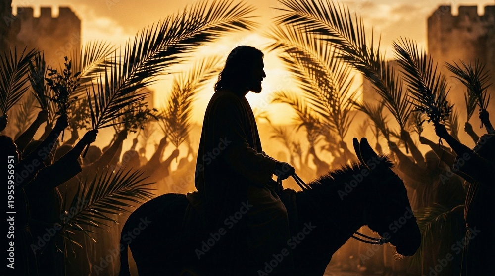 Fototapeta premium Jesus Triumphal Entry into Jerusalem on Palm Sunday Biblical Scene Christian Art Print