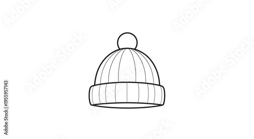 Simple Line Drawing of a Bobble Hat, Winter Beanie with Pom Pom, Minimalist Icon