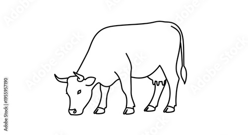 Simple Line Drawing of a Cow Grazing in a Field