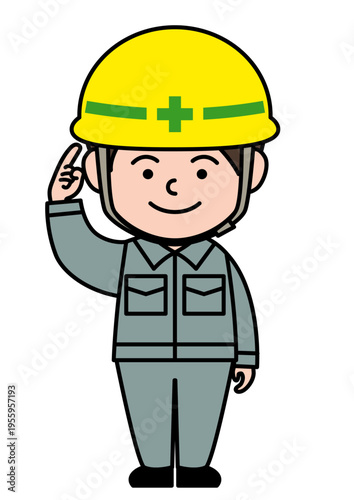 ヘルメットを指差して着用を促す現場の作業員のベクターイラスト