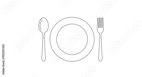 Simple Line Drawing of a Plate with Spoon and Fork, Minimalist Table Setting