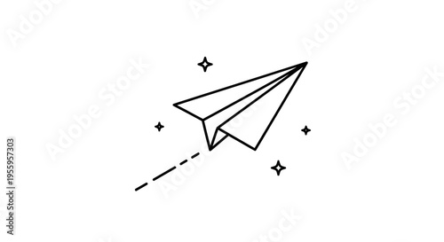 Simple line drawing of a paper airplane flying through stars, symbolizing dreams and travel.