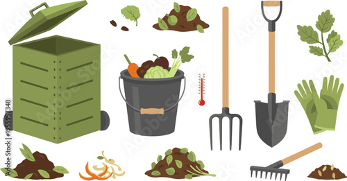 Composting and Garden Waste Illustration Set Featuring Compost Bin, Organic Scraps, Tools, Gloves and Soil for Eco Gardening