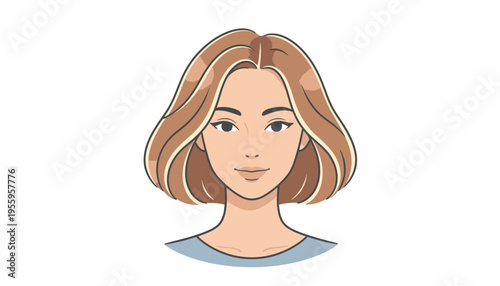 Portrait of a young woman with a stylish bob haircut, light brown hair with highlights, looking forward.