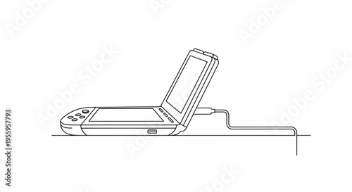 Portable gaming device charging on a flat surface, line art illustration.