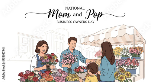 Illustration of a family running a small flower shop on National Mom and Pop Business Owners Day with a joyful and supportive community