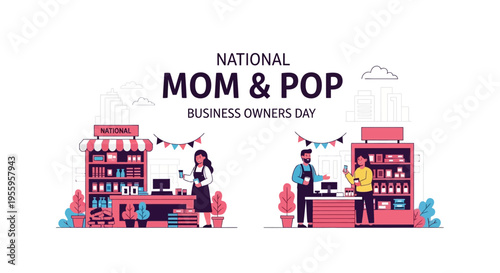 Illustration of a family-owned business scene with mom and pop shop owners working at their store and cafe on National Mom and Pop Business Owners Day with a colorful design.