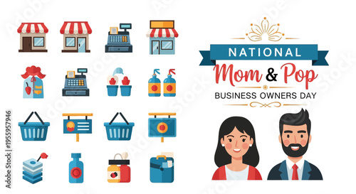 Illustration of a man and woman surrounded by icons representing small businesses and shops on National Mom and Pop Business Owners Day with a colorful and celebratory mood.