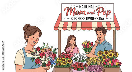 Illustration of a family-owned flower shop celebrating National Mom and Pop Business Owners Day with a colorful market scene.