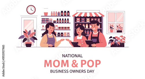 Illustration of a mom and pop shop with a family working behind the counter on National Mom and Pop Business Owners Day with a colorful storefront and decorative plants.