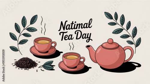 National tea day celebration with pink teacups and teapot on saucers surrounded by leaves and tea leaves on beige background