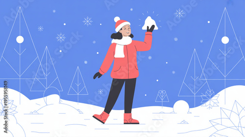 Woman in red coat throwing snowball in winter landscape with snowflakes and trees