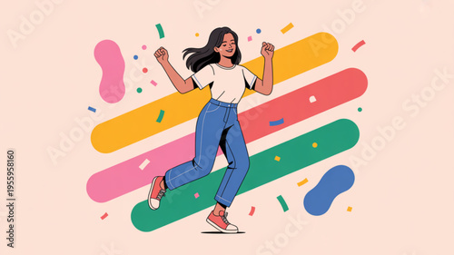 Woman jumping with joy celebrating colorful confetti background festive atmosphere happy carefree dancing fun lively playful energetic vibrant party excitement freedom youthful