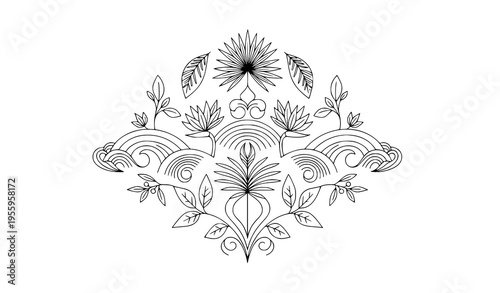 Premium art deco gold floral leaf pattern with japanese ornament tropical palm and organic wave vector