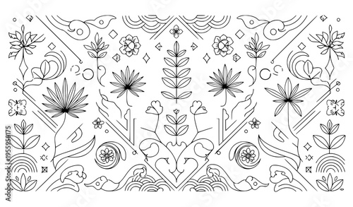 Elegant gold line art deco floral and leaf pattern with japanese ornament and tropical design vector