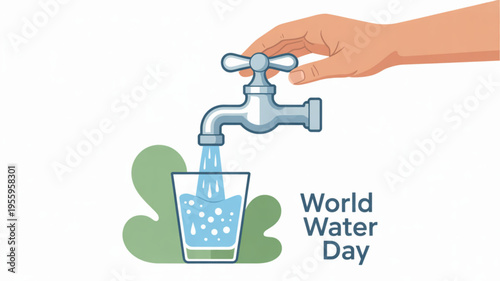 Hand turning faucet filling glass with water for world water day conservation efforts and sustainability