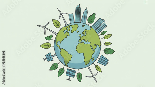 Earth surrounded by green leaves wind turbines solar panels and city skyscrapers symbolizing eco friendly urban planning and sustainable energy solutions for a greener future