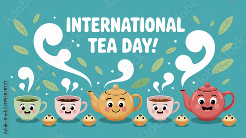 International tea day celebration with smiling teapots and tea cups surrounded by cookies and leaves on a blue background