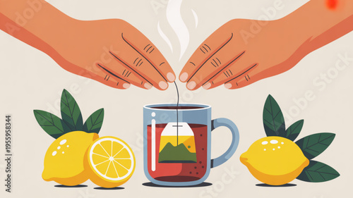 Hands placing tea bag into a mug with lemons on a table creating a cozy atmosphere for relaxation and calmness with a scenic view