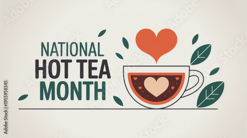 National hot tea month graphic with heart steaming from cup on beige background with leaves