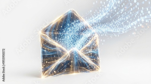 Digital envelope with glowing lines and binary code streaming out