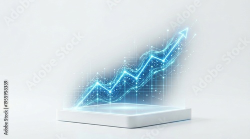 Glowing blue graph with upward trend emerging from white platform