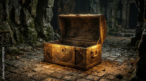 Ancient treasure chest sitting open on stone floor in a dimly lit cave with intricate golden designs and an air of mystery and adventure waiting to be discovered