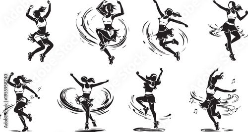 Dance fitness silhouette set female dancers jumping spinning dynamic motion abstract vector