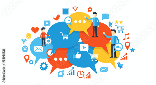 Vibrant collage of digital communication icons and social interaction symbols across multiple devices.