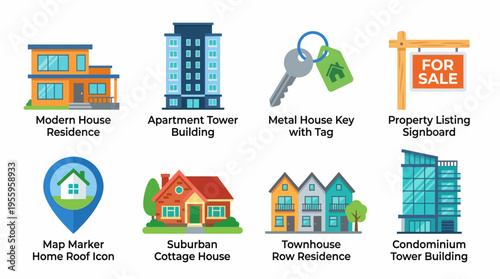 Vector illustration of modern residential buildings and property icons including a house, apartment tower, key, and signboard for sale in a suburban area with a map marker.