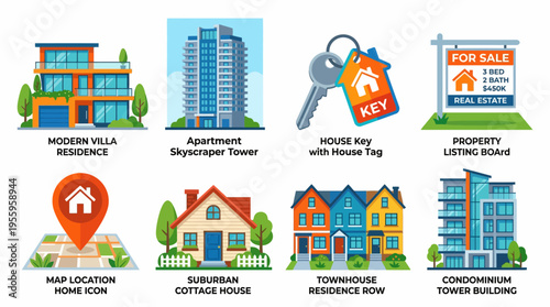Vector illustration of various modern houses and buildings for sale in suburban locations.