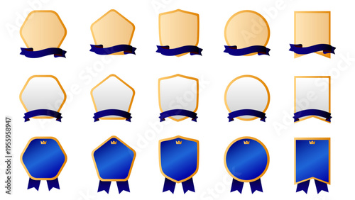 濃紺サテンリボン付き・金箔×アイボリーのフレームの高級感あるラベルバッジ15種セット（五角形・円形・シールド形・六角形・装飾・ゴールド・立体光沢・受賞メダル・ギフトパッケージ・LPキャンペーン用ベクターデザイン）：メダルセット04