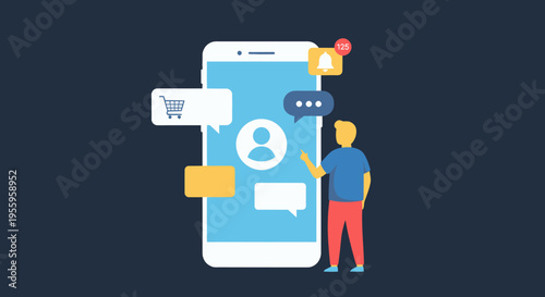 Collaborative digital communication concept with a large smartphone and chat interactions.