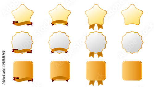 ゴールド色リボン付き・金箔フレームの高級感あるラベルバッジ12種セット（星形・多角形・正方形・装飾・ゴールド・立体光沢・受賞メダル・ギフトパッケージ・LPキャンペーン用ベクターデザイン）：メダルセット02