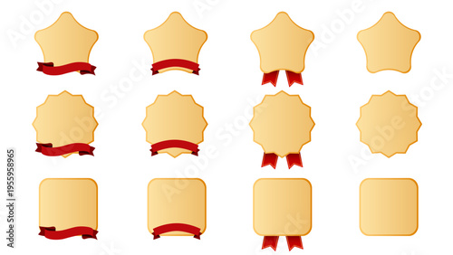 ワインレッド色サテンリボン付き・金箔フレームの高級感あるラベルバッジ12種セット（星形・多角形・正方形・装飾・ゴールド・立体光沢・受賞メダル・ギフトパッケージ・LPキャンペーン用ベクターデザイン）：メダルセット01