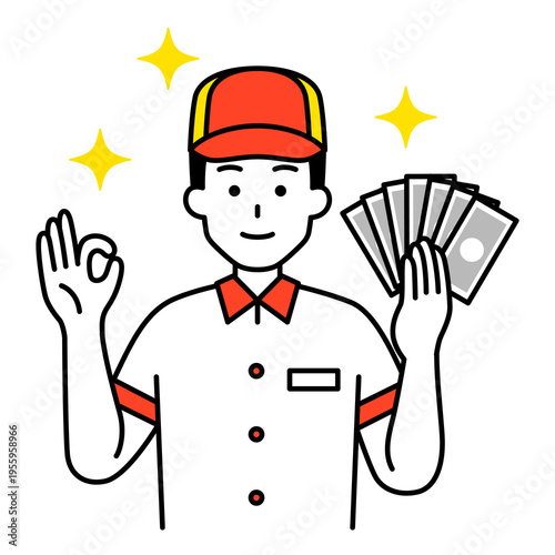 お札を持ってOKサインをするファストフード店の男性店員