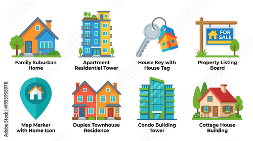 Vector graphic illustration of various colorful residential buildings and homes with icons