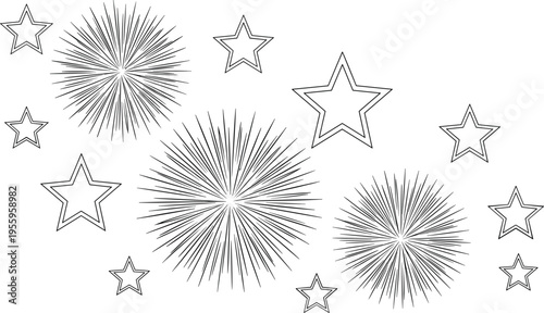 Collection of festive firework bursts and star shapes featuring outline sketch elements for celebration design holiday party vector illustration and cad drawing sets.