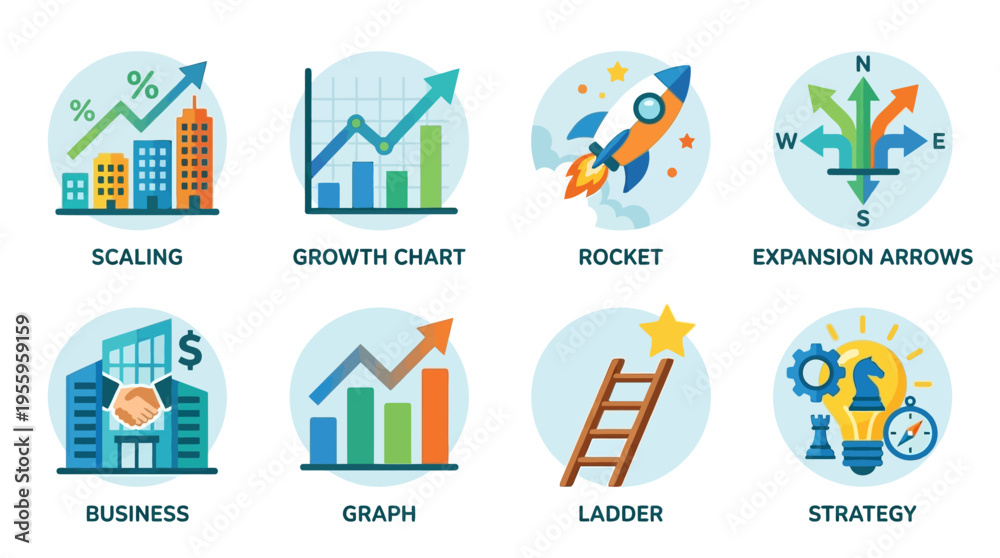 Fototapeta premium Vector graphics illustrate business growth with graphs, charts, and strategy symbols in a modern vector style.