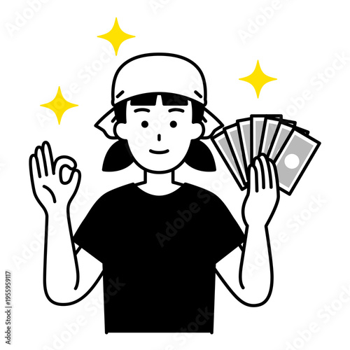 お札を持ってOKサインをする居酒屋の女性店員