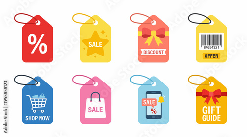 Colorful vector sale tags with discount symbols arranged on white background for shopping