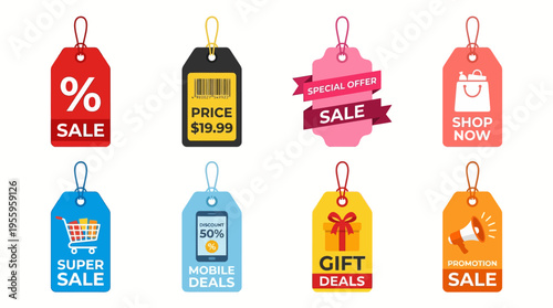 Vector illustration shows various colorful sale tags and stickers for marketing promotions on white background with discounts and prices.