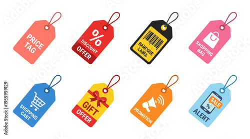 Colorful vector tags with various shopping icons and symbols on a digital illustration for marketing and retail purposes online.