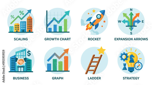Vector graphics illustrate business growth with graphs, charts, and strategy symbols in a modern vector style.